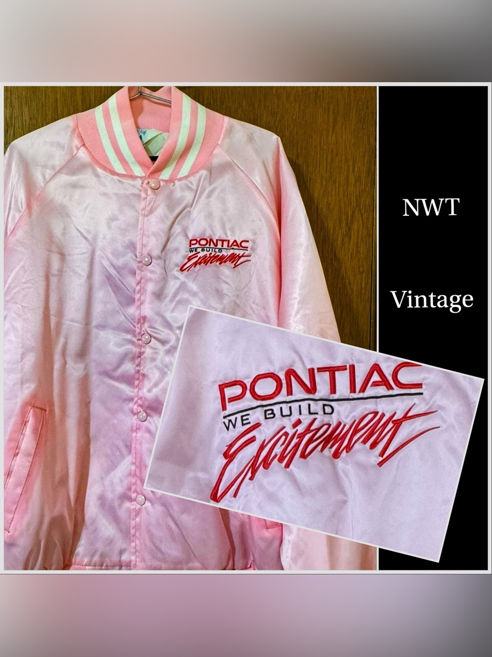 NWT Pink PONTIAC WE BUILD EXCITEMENT Bomber Jacket 
Vintage